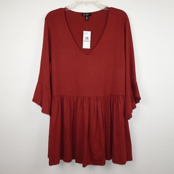 Jessica Simpson Peplum Top Women's Plus Size 1X Brown V-Neck Ruffle Sleeve - Picture 1 of 9